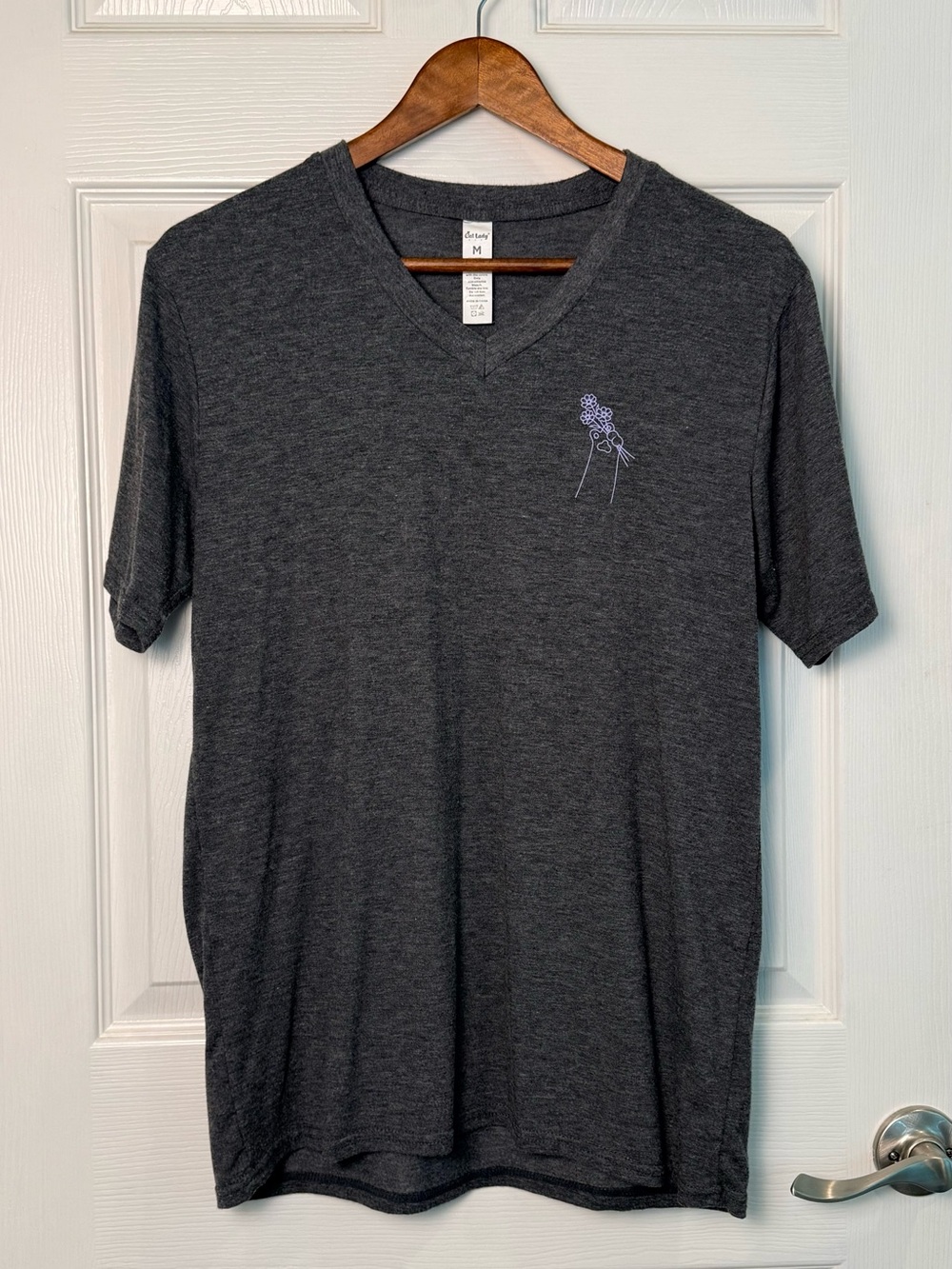 Women's Charcoal V-Neck Tee with Subtle Cat-themed Accent